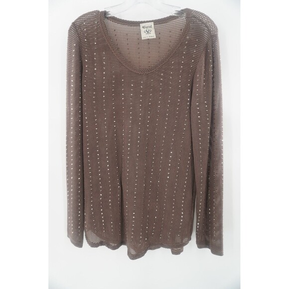Focal Brown Mesh Knit Beaded Long Sleeve Mesh Knit Beaded Sweater Top Size L - Picture 8 of 10